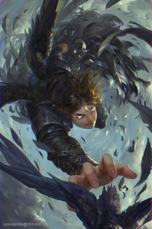 Person with Black Wings — Dramatic, Digital Art, Feathers, Armor