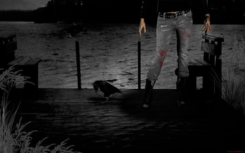 person with blood-stained jeans on dock