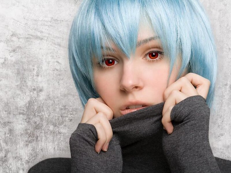 Person with Blue Hair — Dramatic, Photograph, Blue Wig, Red Eyes