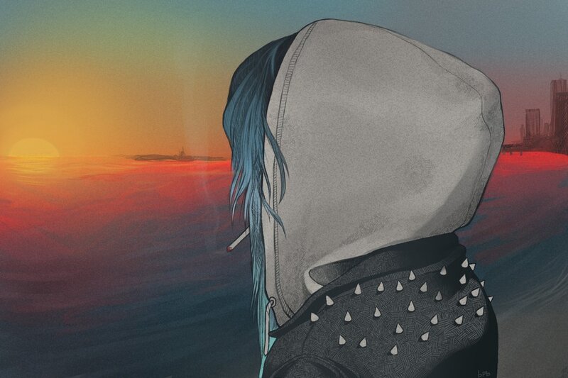 Person with Blue Hair — Gray, Contemplative
