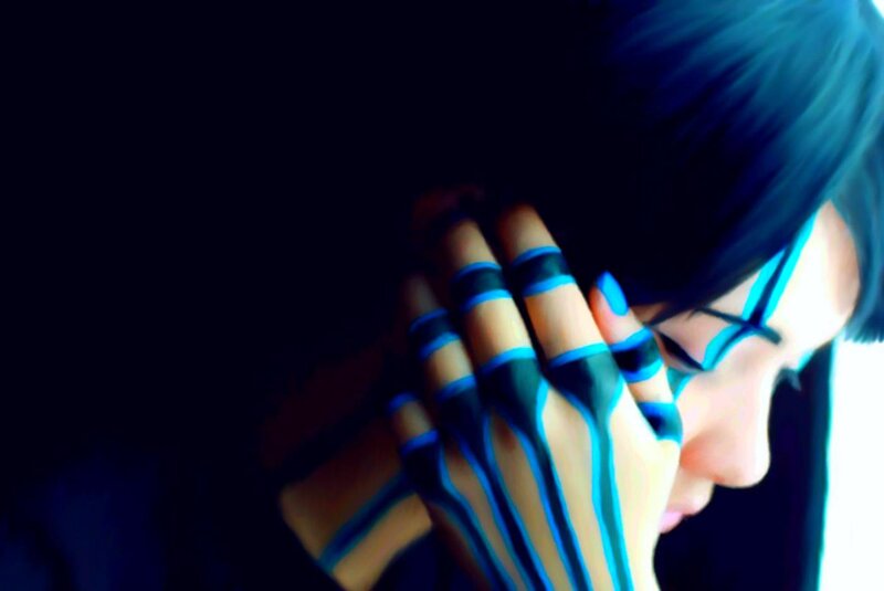 Person with Blue Hand Markings