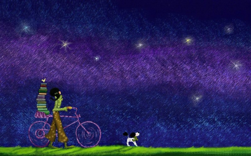 Person with books and dog at night