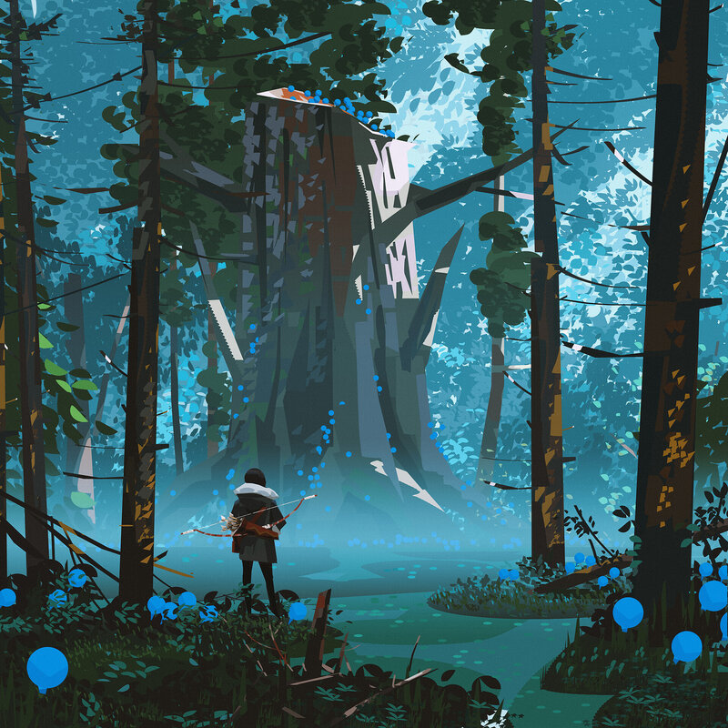 Person with Bow in Forest — Blue