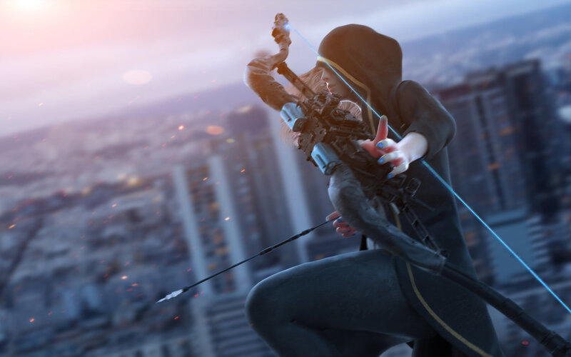 Person with Bow on Rooftop — Blue