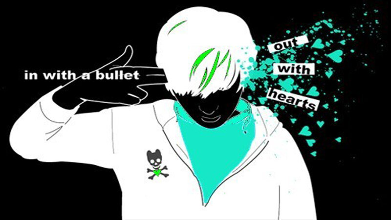 person with bullet and hearts