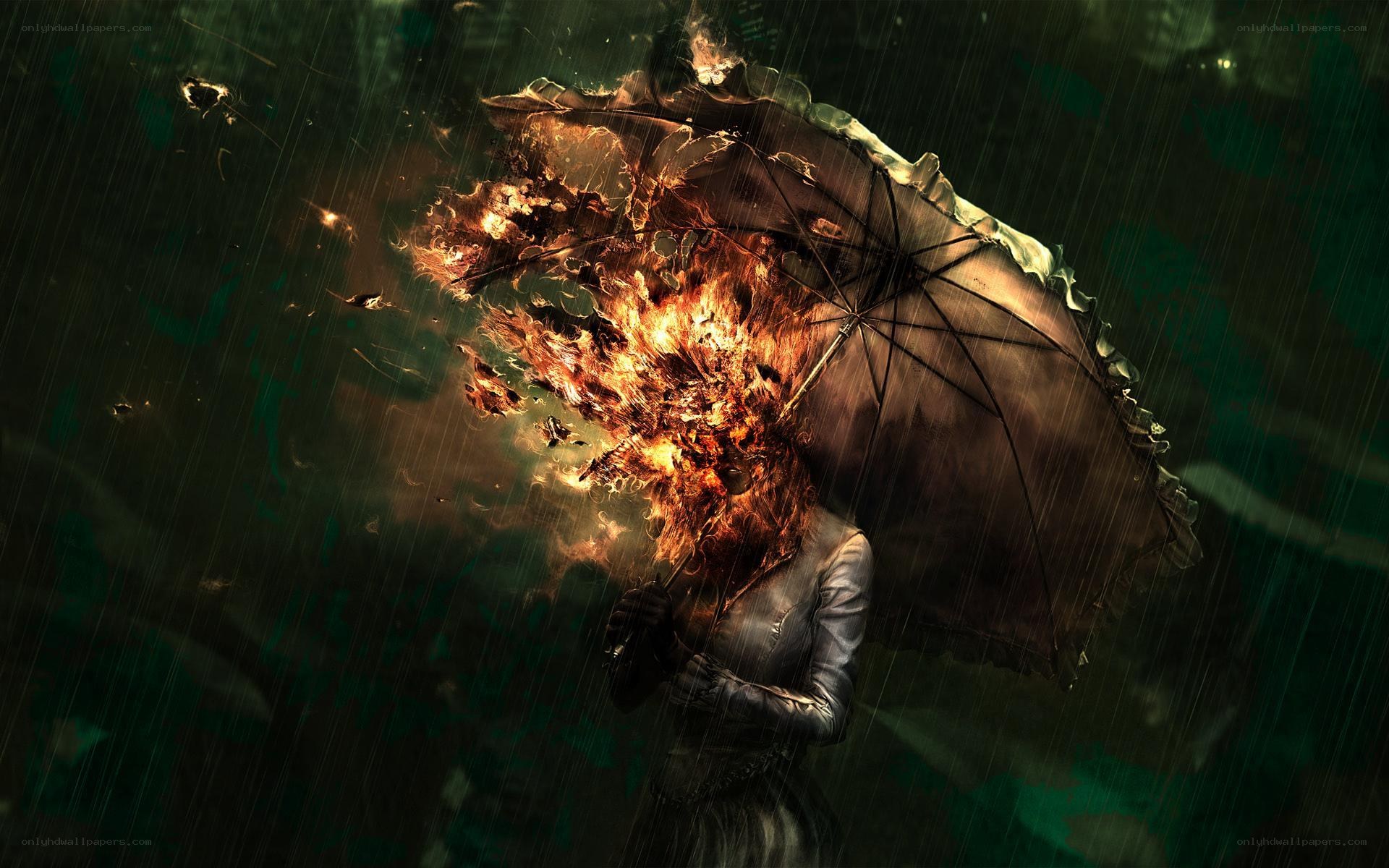 person with burning umbrella