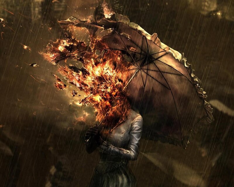 Person with burning umbrella