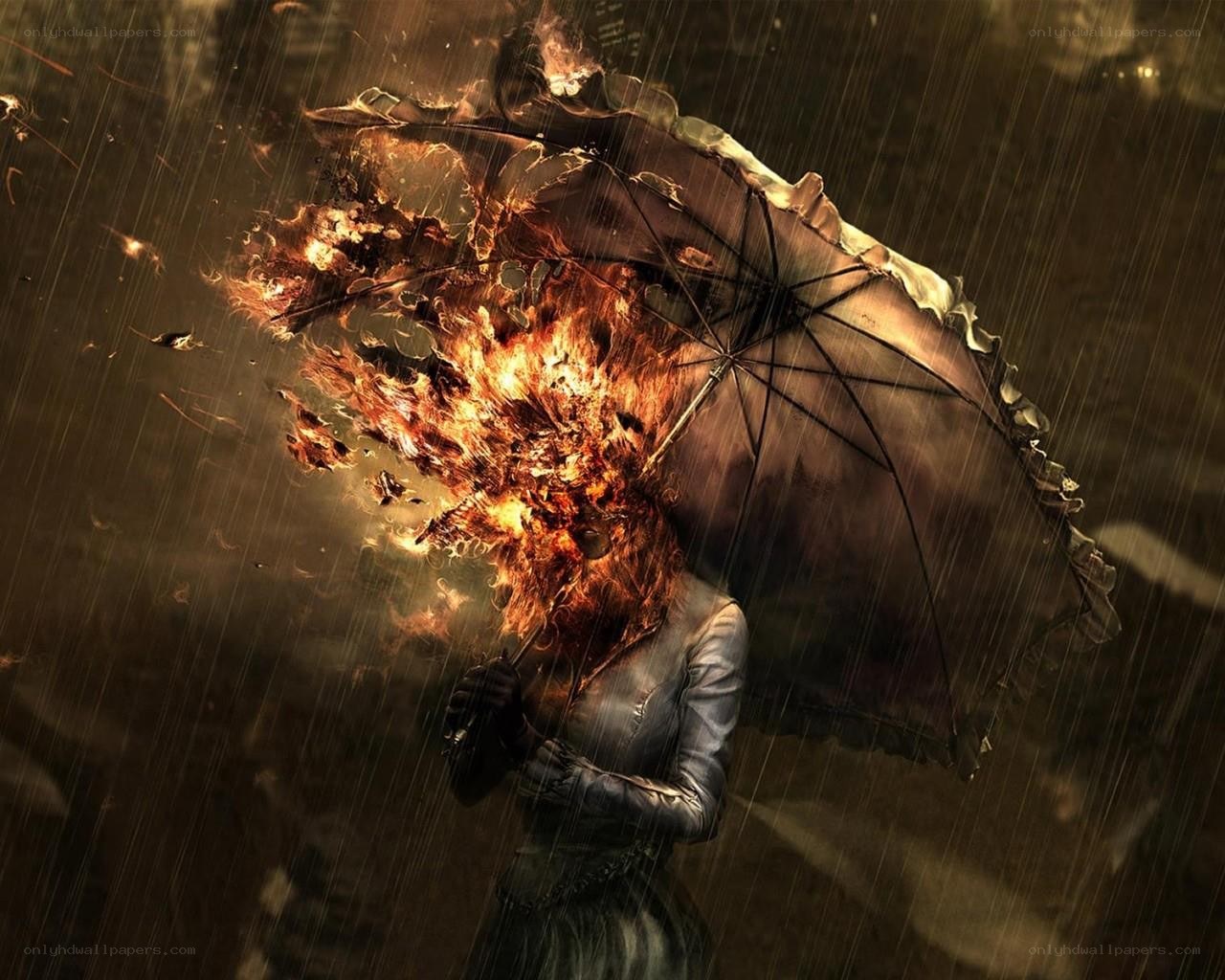Person with burning umbrella