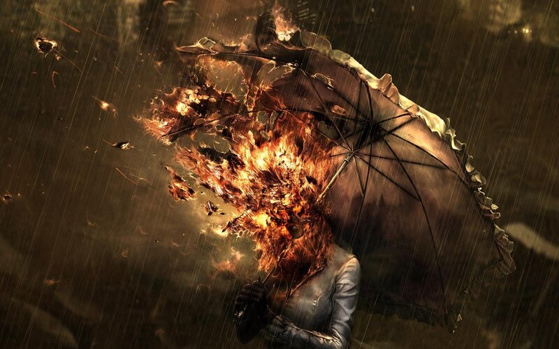 Person with Burning Umbrella — Brown, Dramatic, Night, Digital Art