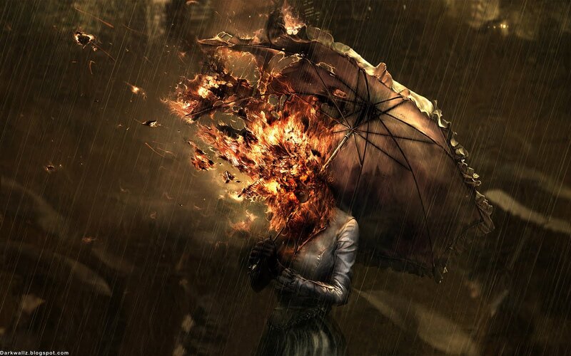Person with Burning Umbrella — Brown, Dramatic, Night