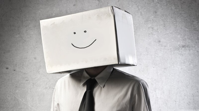 person with cardboard box head