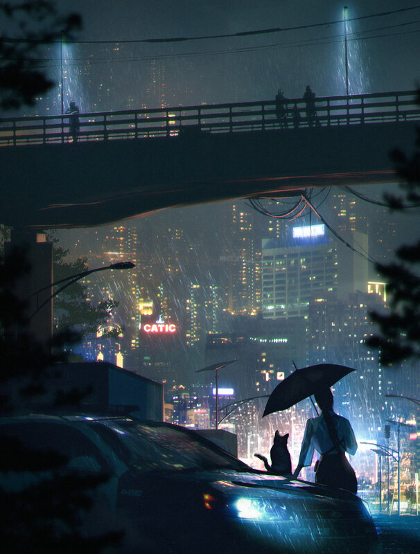 Person with Cat in Rain