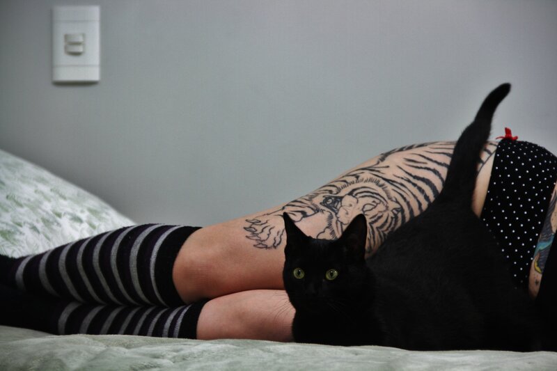 person with cat on bed