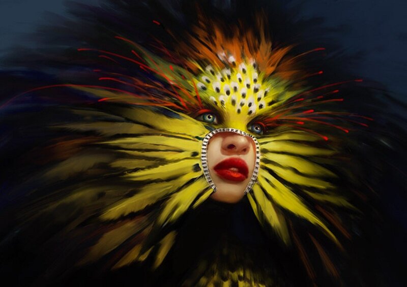 person with colorful feather mask