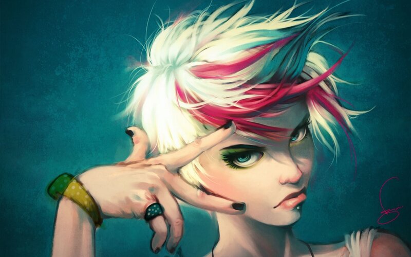 Person with Colorful Hair — Blue, Dramatic, Digital Art, Hand Gesture, Ring, Piercing