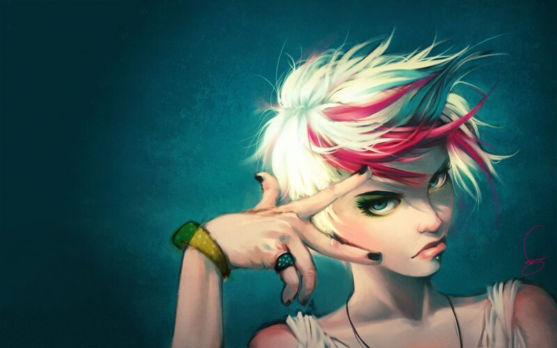 Person with Colorful Hair — Blue, Dramatic, Digital Art, Hand Gesture