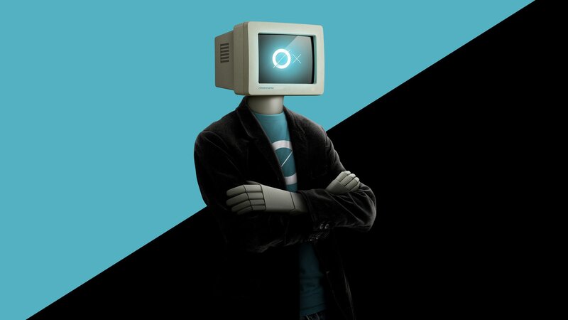 Person with Computer Monitor Head — Blue, Dramatic, Digital Art