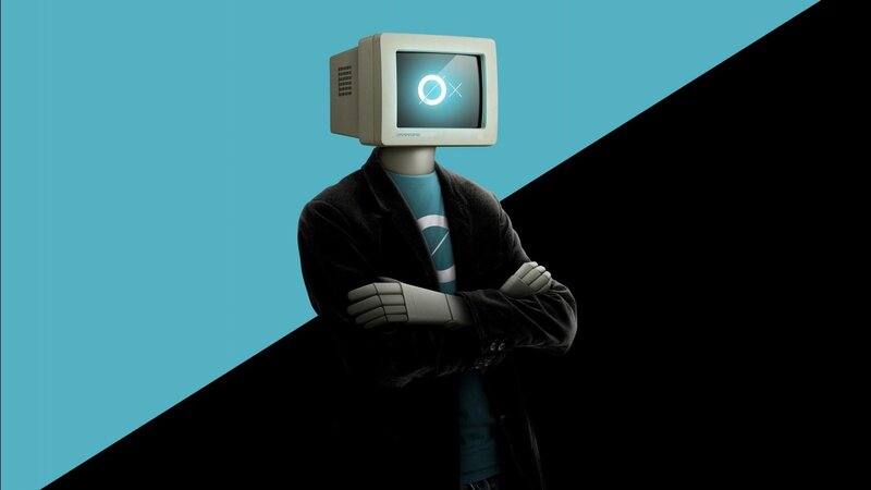 Person with Computer Monitor Head — Blue, Dramatic