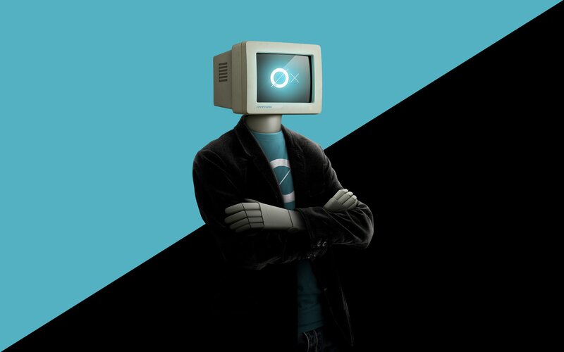 Person with Computer Monitor Head — Blue