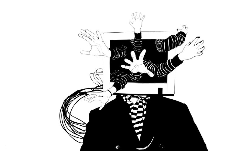 person with computer monitor head