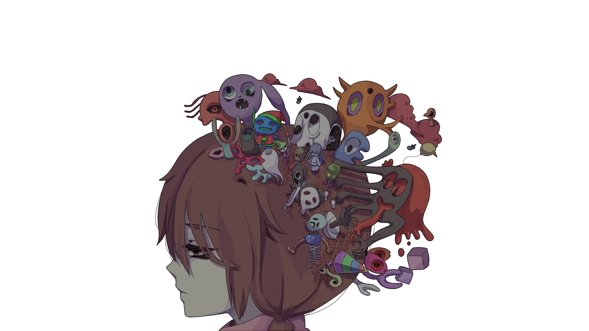 person with creatures on head