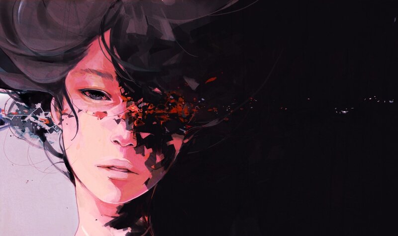 Person with Dark Hair — Black, Dramatic, Digital Art, Face, Splatter