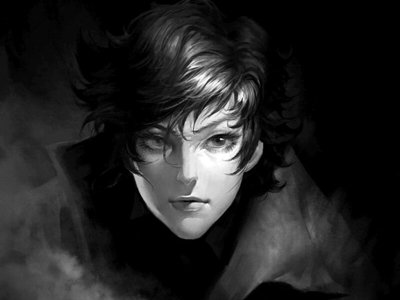 Person with Dark Hair — Black, Dramatic, Digital Art, Face