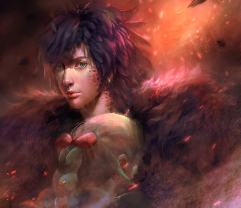 Person with Dark Hair — Red, Dramatic, Digital Art