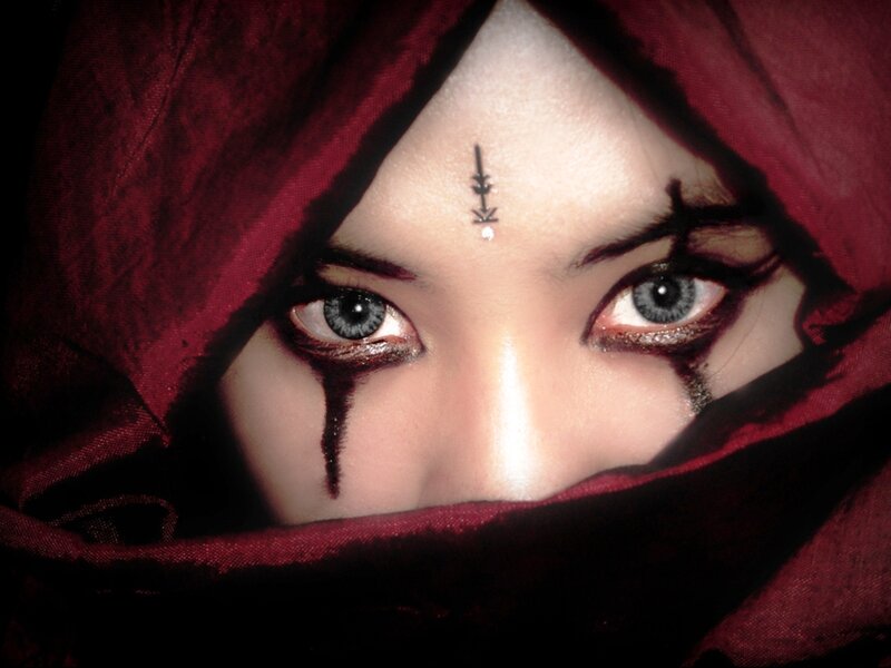 Person with Dark Makeup — Red, Dramatic, Photograph