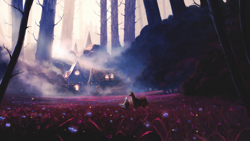 Person with Deer in Forest — Purple