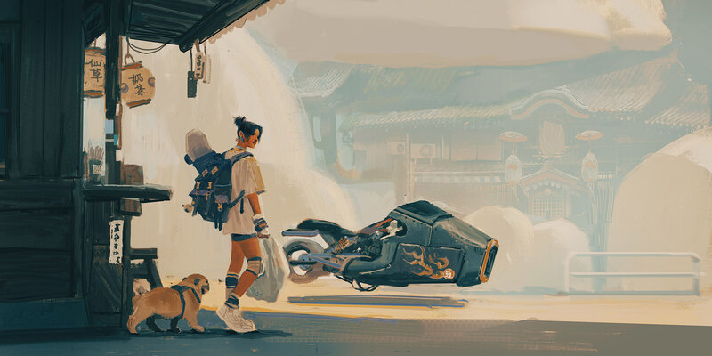 Person with Dog and Motorcycle