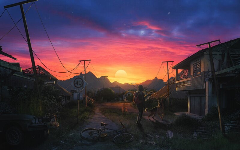 Person with Dog at Sunset — Purple