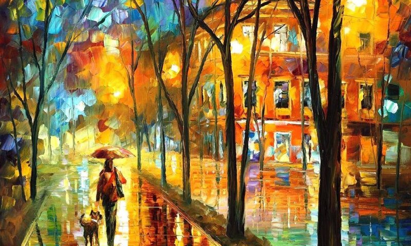 Person with Dog in Rain — Yellow