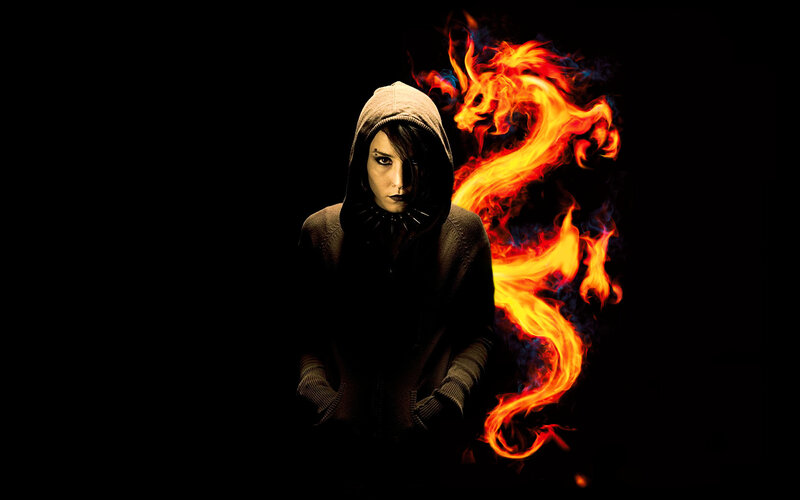 person with fire dragon