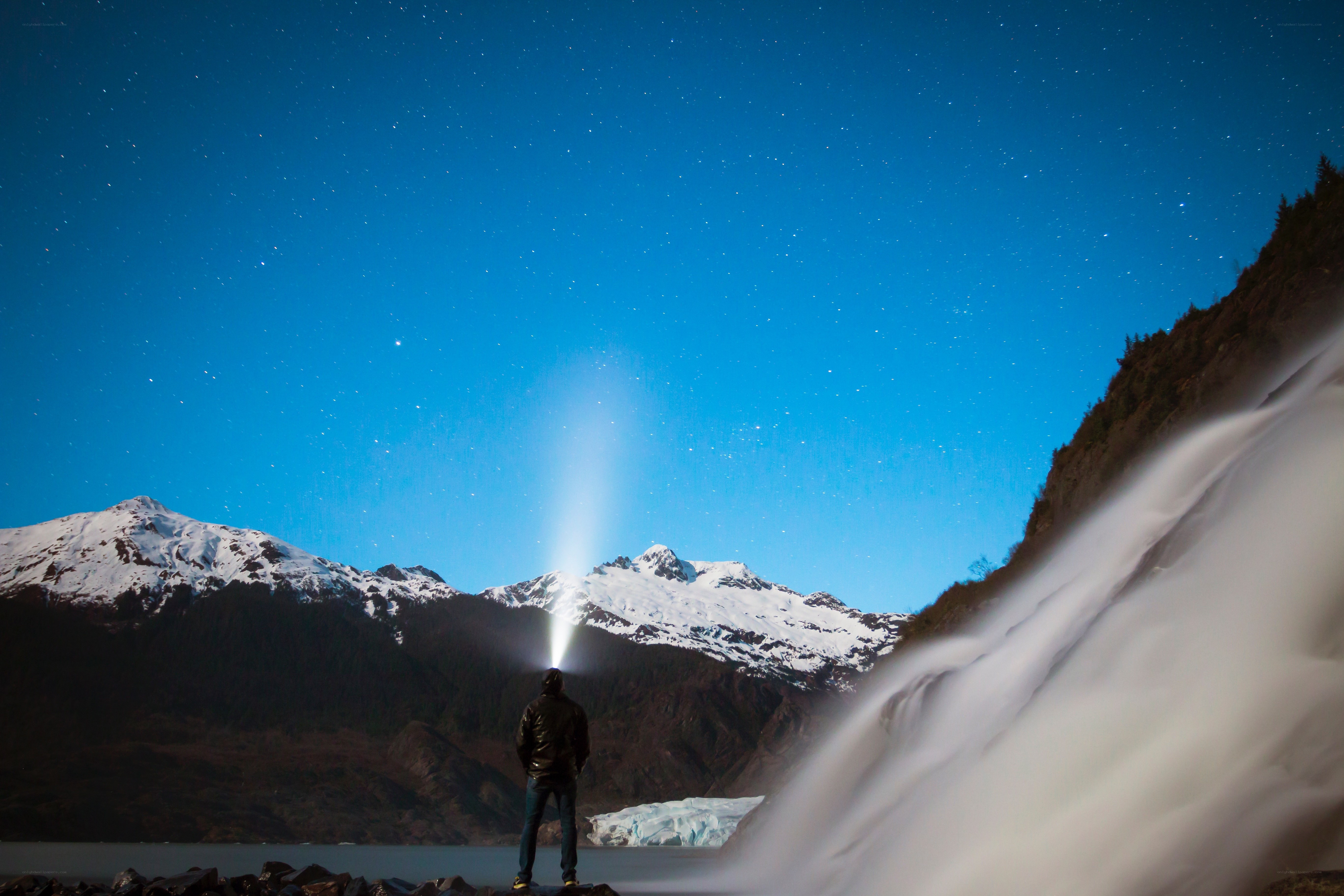 Person with flashlight at night