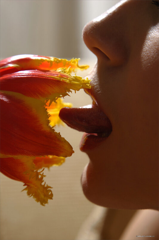 person with flower near mouth