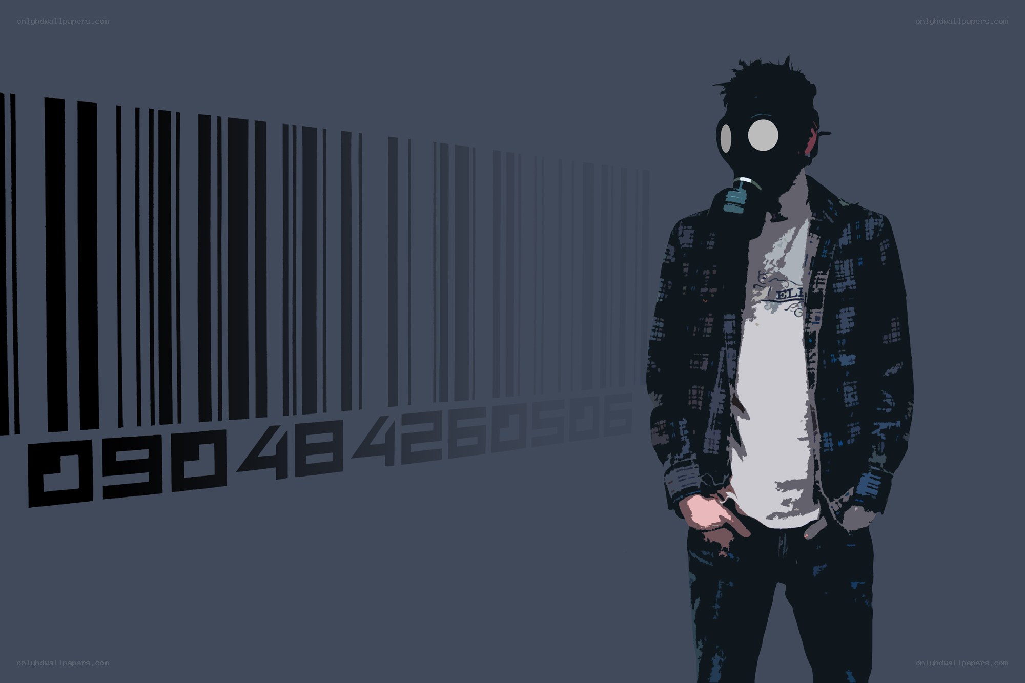 person with gas mask and barcode
