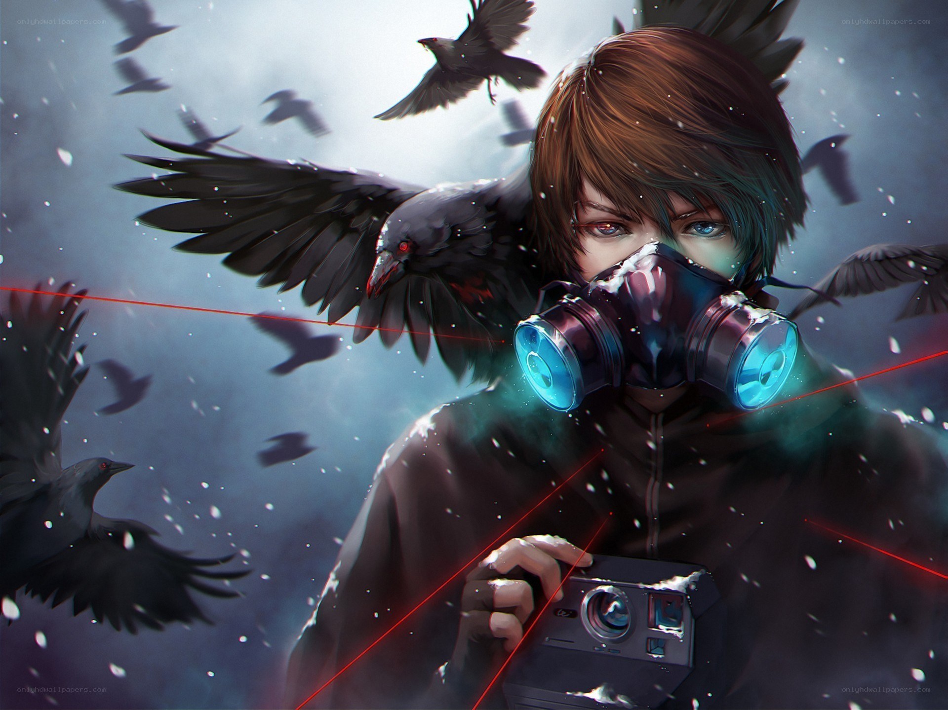 person with gas mask and crows