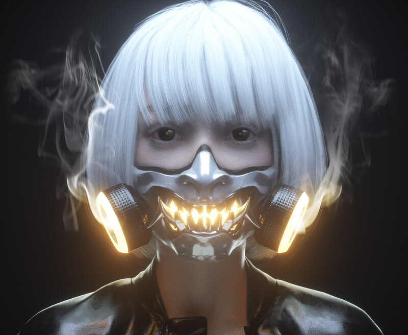 Person with Gas Mask — Black, Dramatic, Digital Art, White Hair