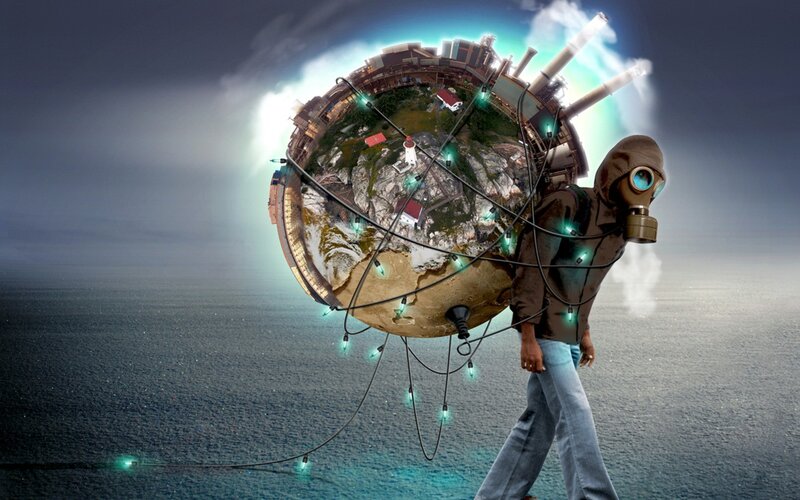 person with gas mask carrying globe