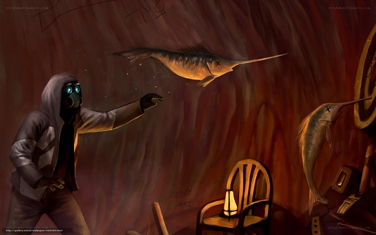person with gas mask in cave