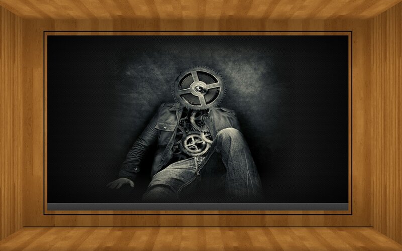 person with gears for a head