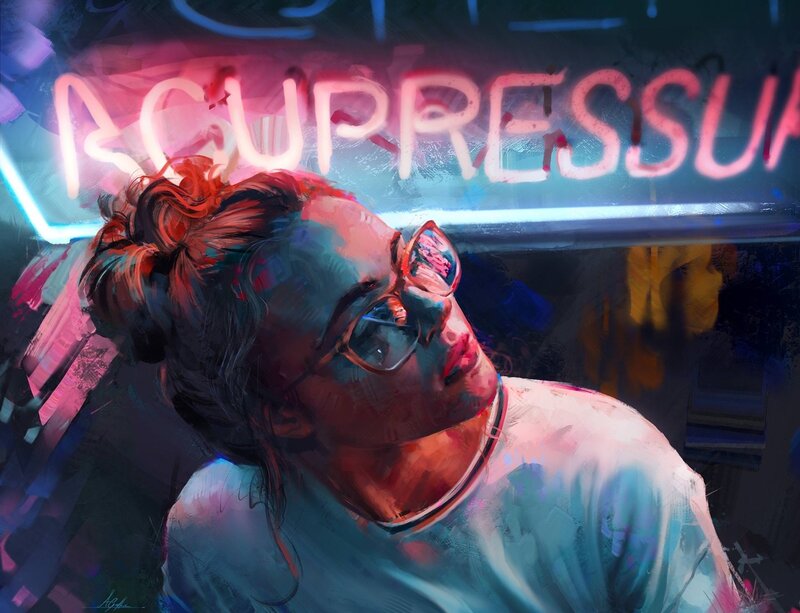 Person with Glasses Looking Up — Blue