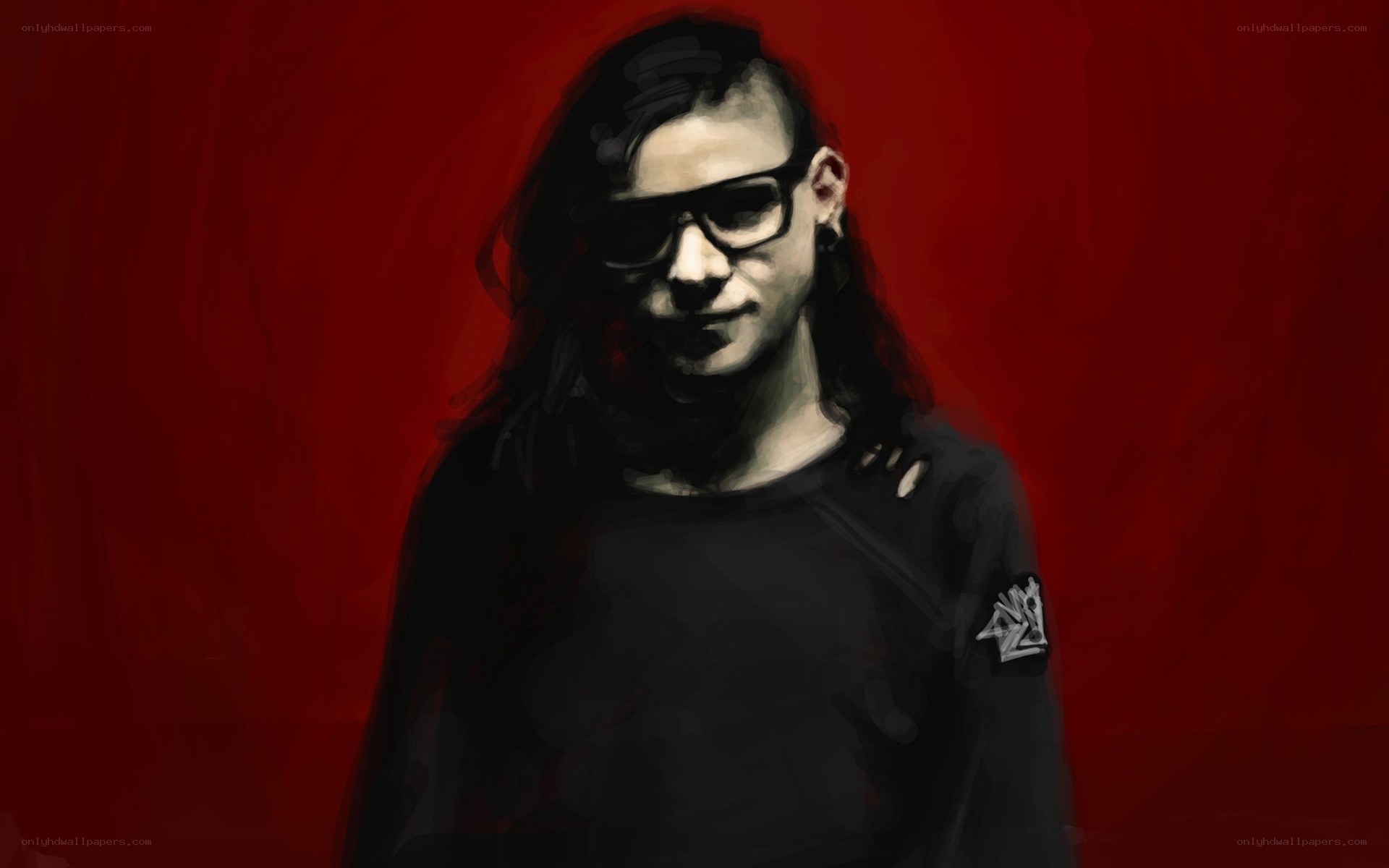 person with glasses on red background