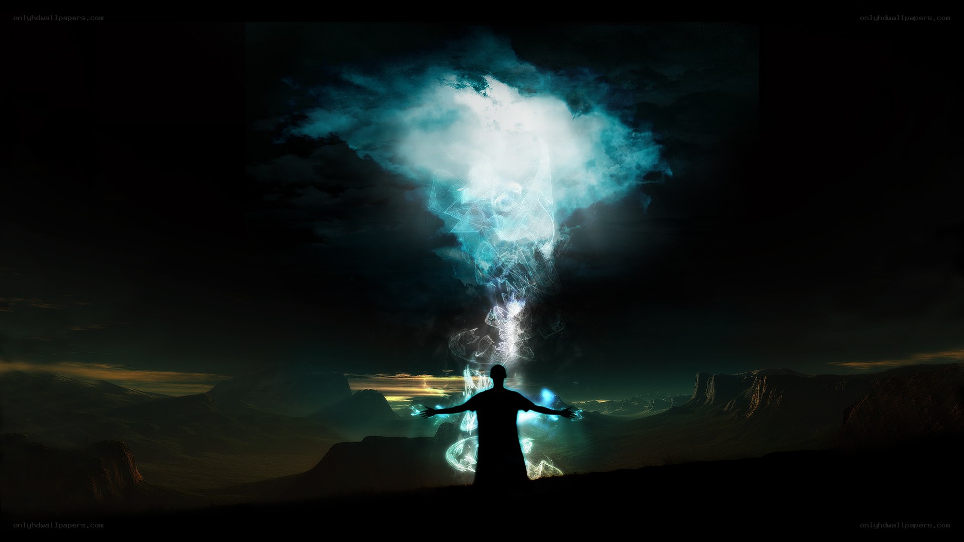 person with glowing energy above head