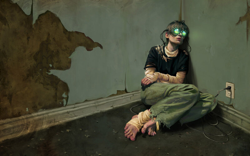 Person with Glowing Goggles — Green, Dramatic, Digital Art, Bandages