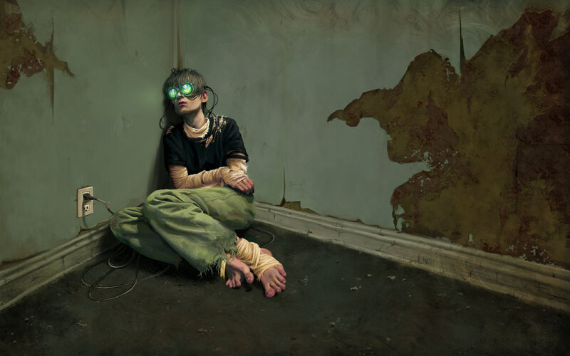 Person with Glowing Goggles — Green, Dramatic, Digital Art, Gloves