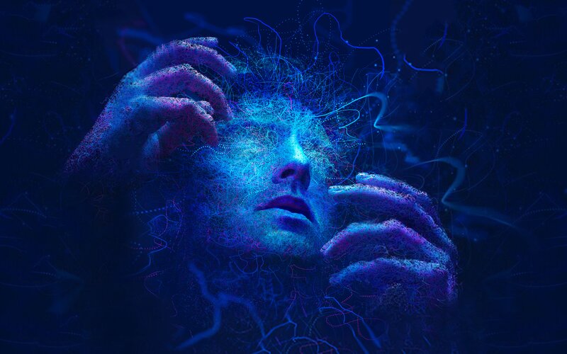 Person with Glowing Particles — Blue