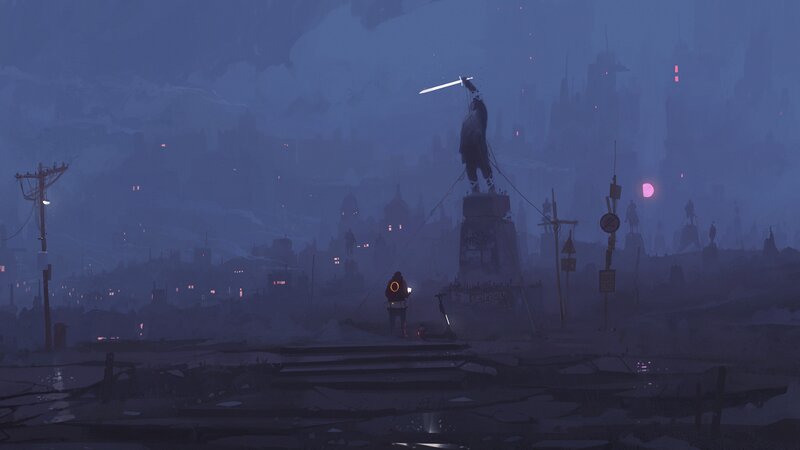 Person with Glowing Sword — Blue, Dramatic, Night