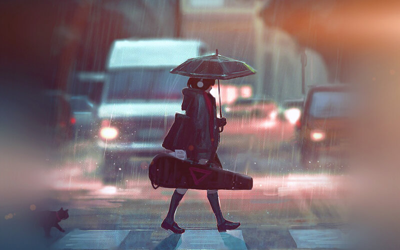 Person with Guitar Case — Blue, Melancholic